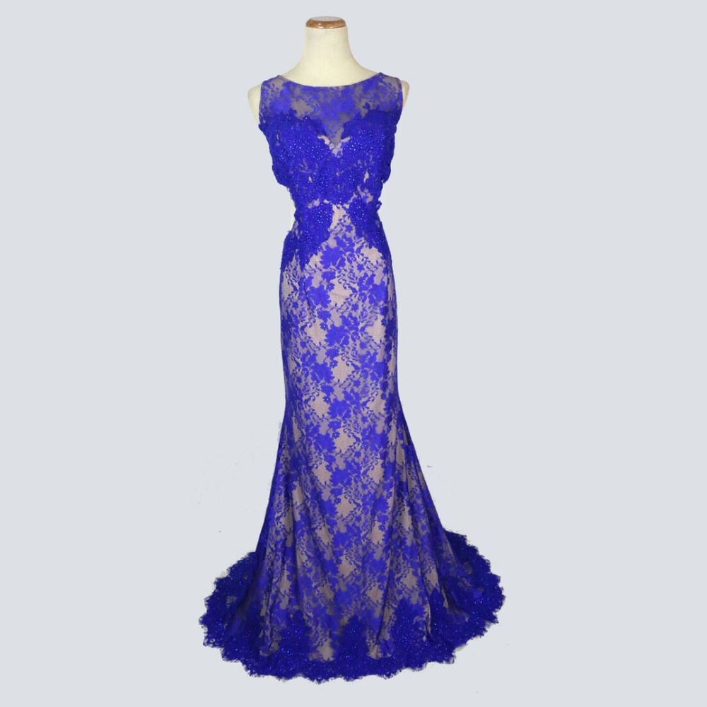 NEW JOVANI Royal/Nude Beaded Floral Sleeveless